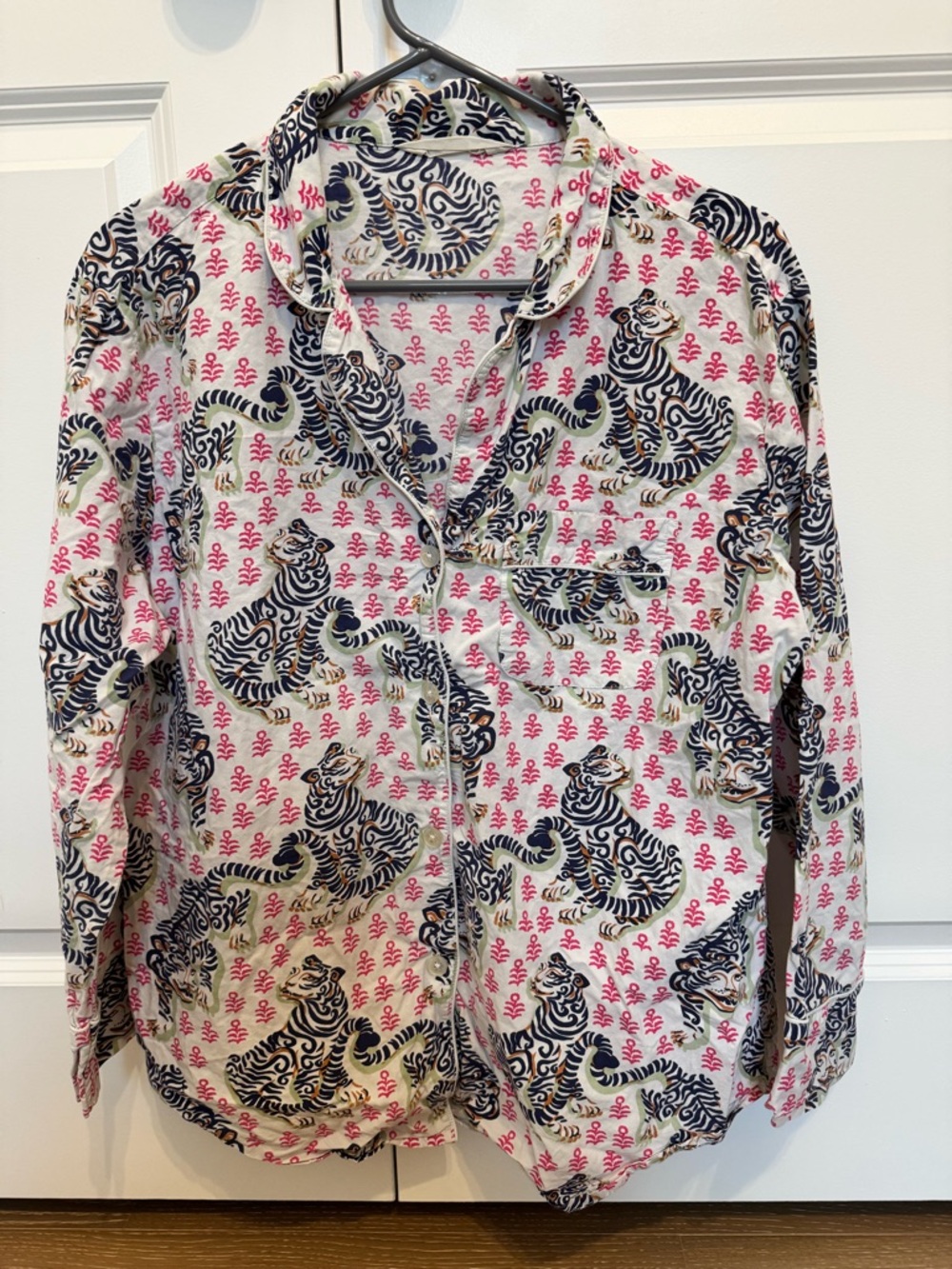 Printfresh Cream Pajama Top with Navy Tiger & Pink Accent Print